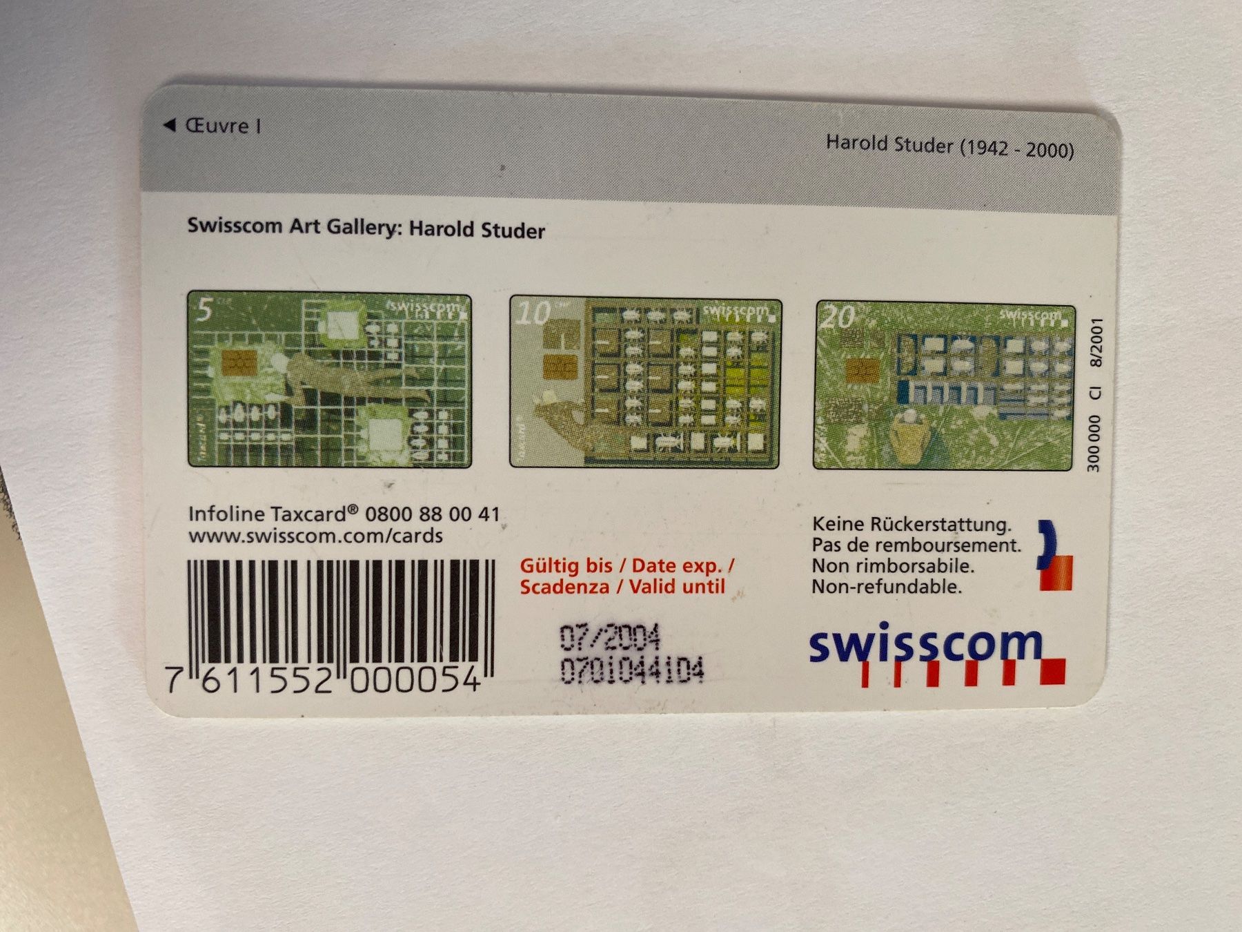 Swisscom Schede telefoniche: Carte Taxcard Swisscom 5 CHF Harold Studer – Usato da Le Brassus venduto da cinema13 1