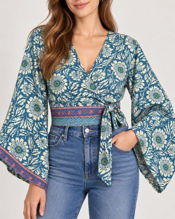 Pastell Wickel-Bolero mit floralem Muster - Seide - Top
