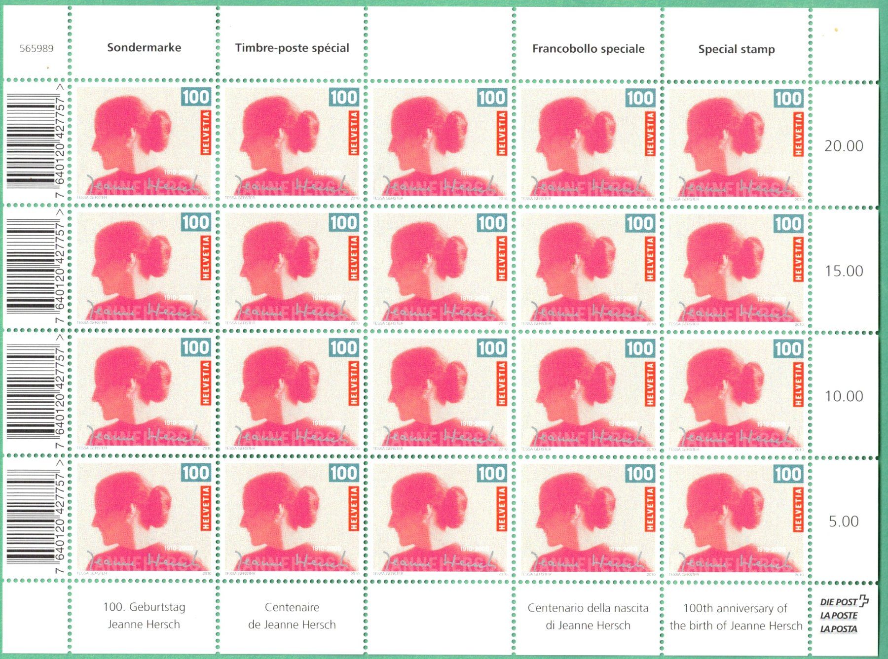 Alle Briefmarken: 2010 Bogen   100.Geburtstag  Jeanne Hersch     postfrisch – Neu (gemäss Beschreibung) aus Mellingen von Ginger
