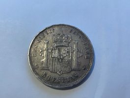 Silbermünze 5 Pesetas Spanien 1890 Alfonso XIII