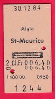 KARTON BILLETT, AIGLE - ST-MAURICE, RETOUR, 2.KLASSE, 1984