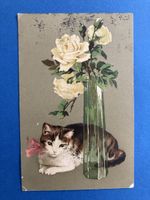 Antike Ansichtskarte Katze mit Rosenstrauss 1914
