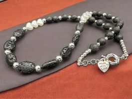 Unikat 💎 Neue Kette Lavasteinen + versilberten Perlen