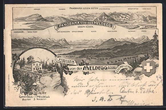 Cartoline postali: Meldegg, Panorama gegen Süden u. Osten, – Usato da Berlin venduto da bartko-reher