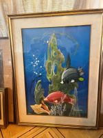Tableau vintage de poissons exotiques, cadre doré.