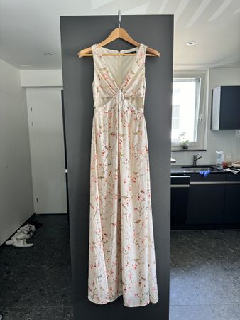 Abito lungo estivo Zara fantasia uccelli e fiori bianco tagl
