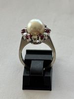 Damenring Weissgold , Rubine,Perle/ Diamanten 18 Karat