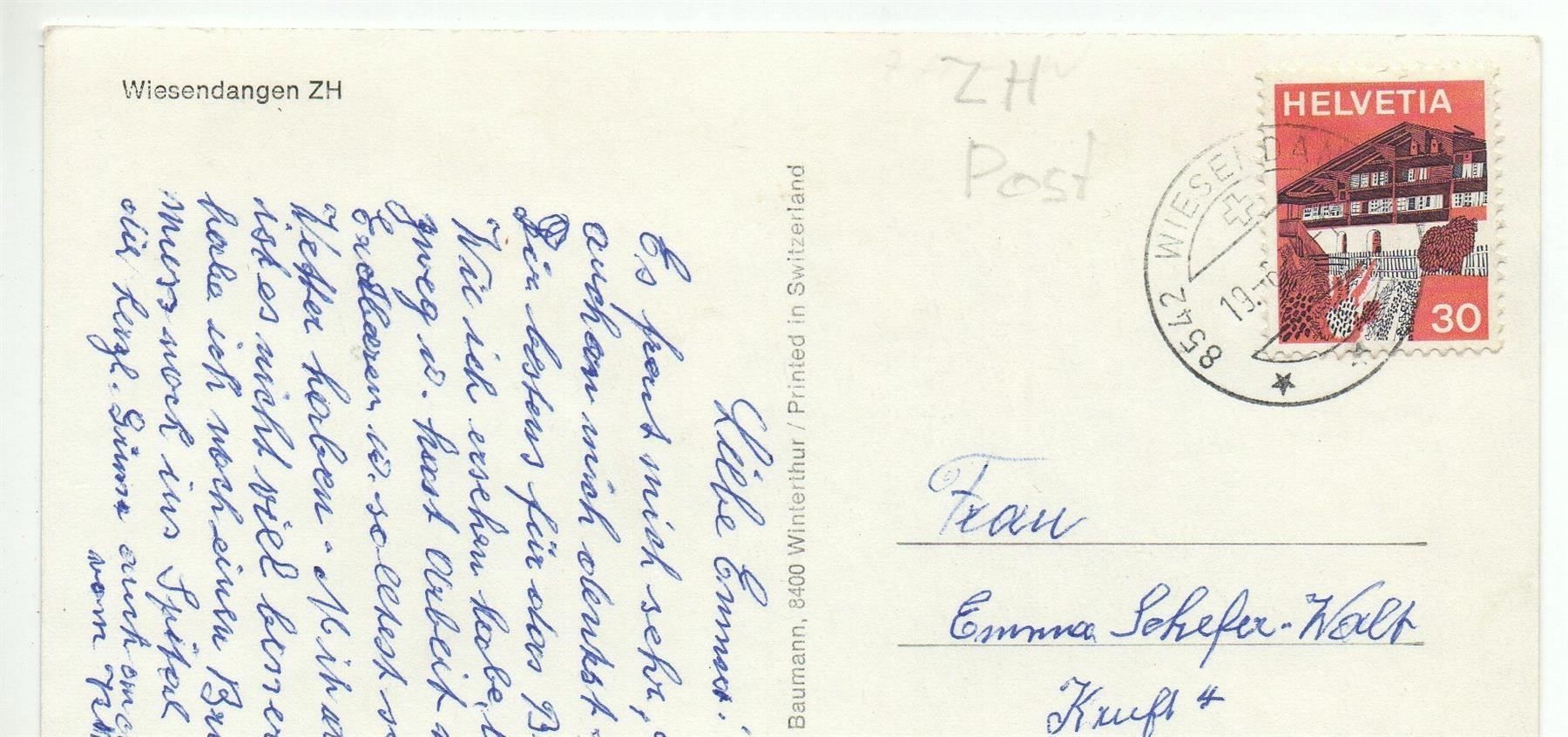Cartoline postali: WIESENDANGEN ZH Kirche, Post, Auto, VW-Käfer – Usato da Jona venduto da philajona 1