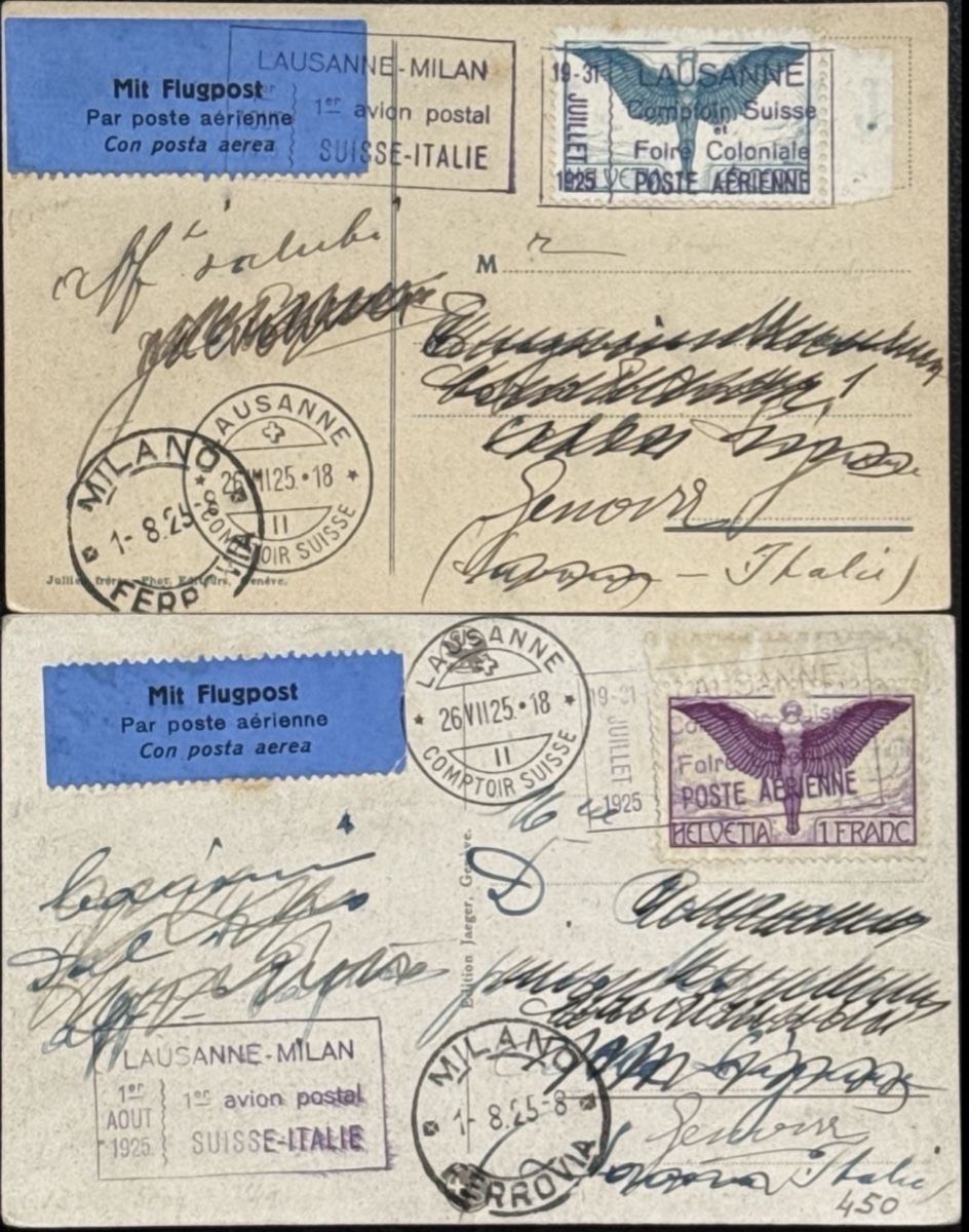 Tous les timbres: Schweiz Flugpost Lausanne Mailand 1925 2 Karten – D'occasion à birsfelden par tim0444