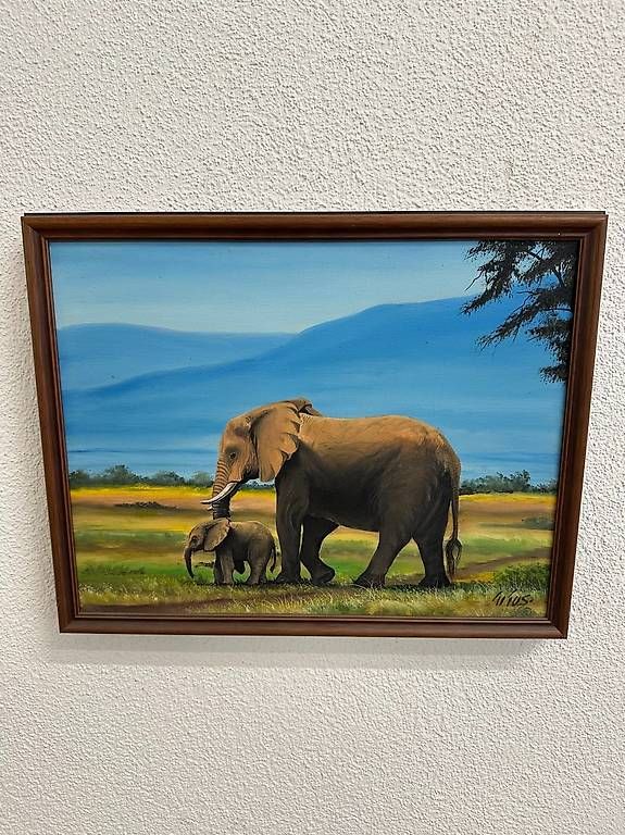 Dipinti: Vintage Tiergemälde Elefantenmutter Jungtier auf Leinwand – Usato da Obernau venduto da Arche_Noah_Brocki