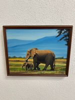 Vintage Tiergemälde Elefantenmutter Jungtier auf Leinwand