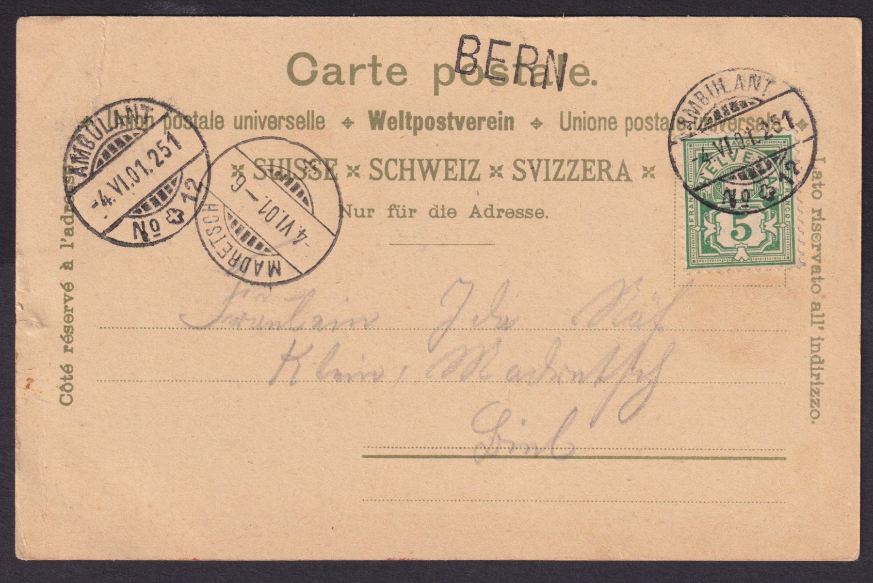 Cartes postales: SCHWEIZ 1901, Litho "Bern Kornhauskeller" + Stabst. BERN – D'occasion à Meyriez par Fuewa 1