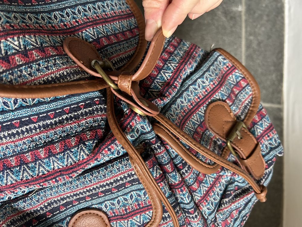 Zaino Etnico In Tela Motivo Azteco, 3 Scomparti, Spallacci Regolabili, Beige E Nero, Per Scuola E Viaggi