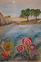 Hübsches Aquarell Seeanemonen-Felsen-Insel-Palmen (S315)