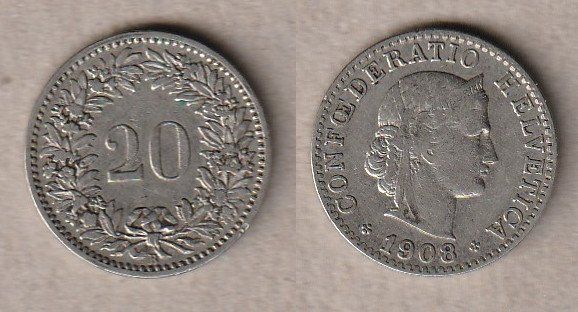 Toutes les monnaies: 20 Rappen 1908 – D'occasion à Allschwil par Coinfreak