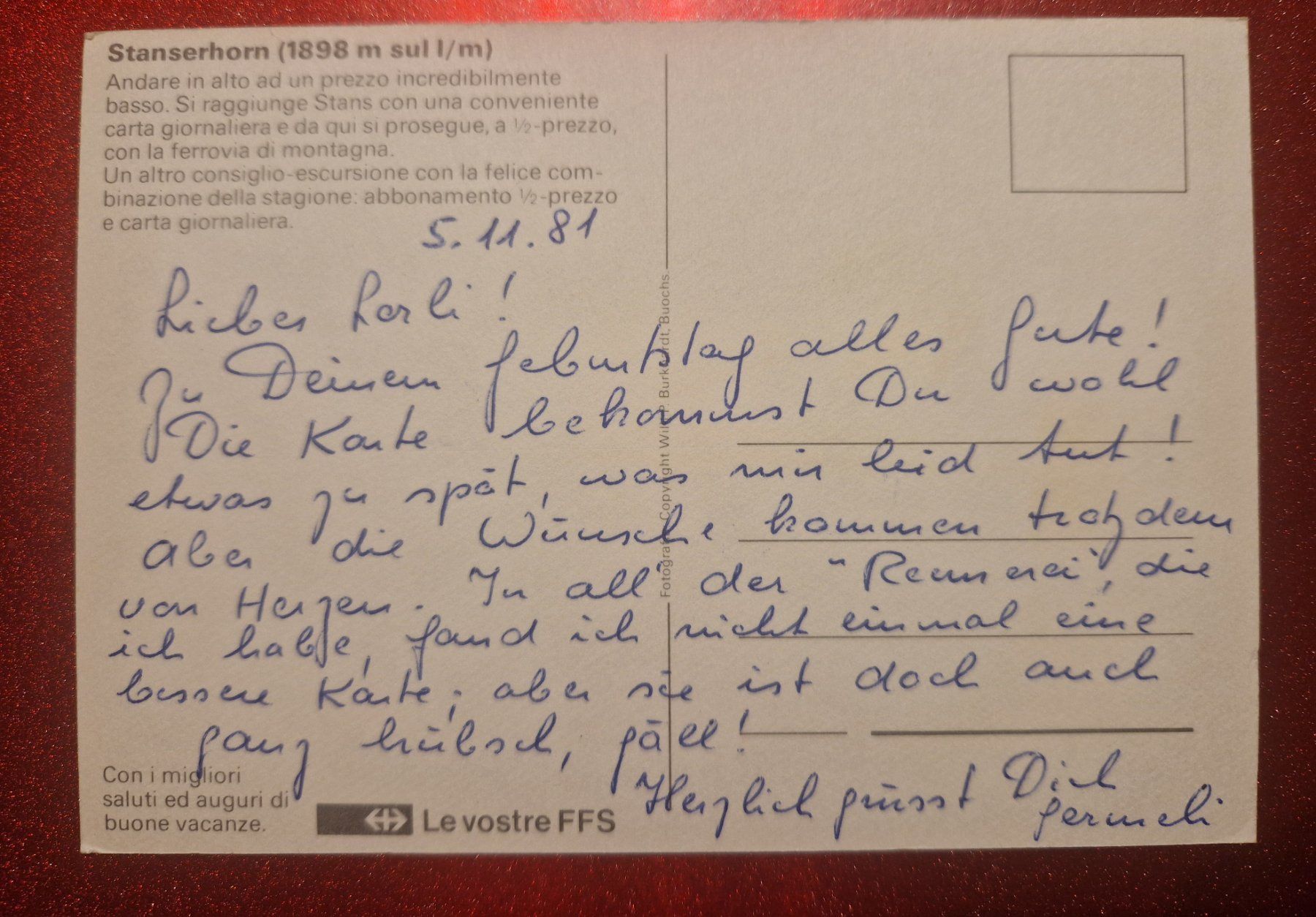Cartoline postali: Stanserhorn FFS SBB 1981 – Usato da Melchnau venduto da Fishel 1