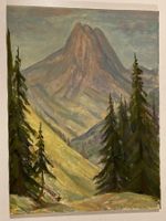 Landschaftsgemälde nicht signiert mit Berge, Tannen, Wiesen
