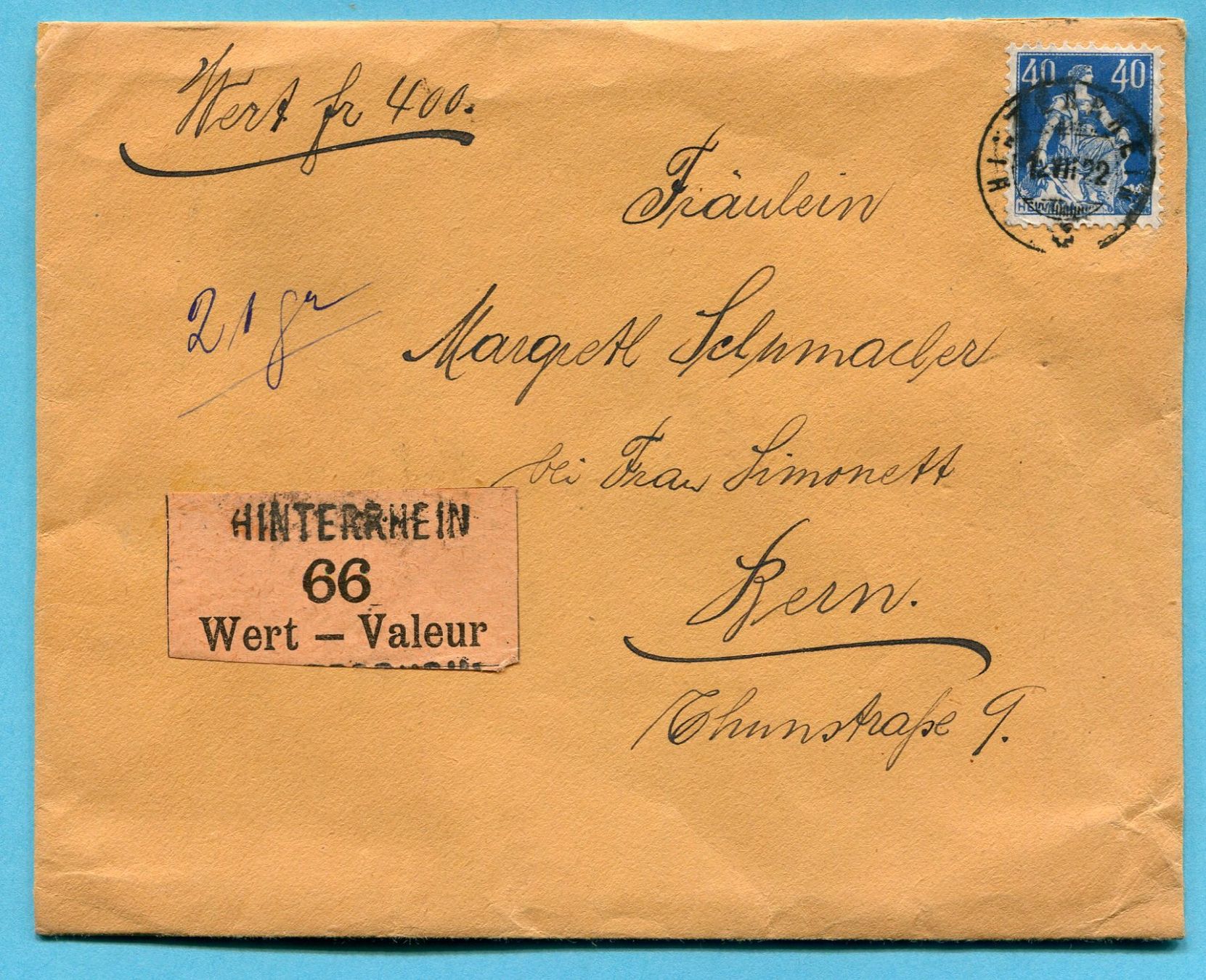 Alle Briefmarken: Wertbrief von Hinterrhein nach Bern 1922 – Gebraucht aus Opfikon von Prophila