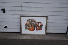 Hühner in Käfigen, Lithografie Rudolf Mirer Künstlerprobe KP