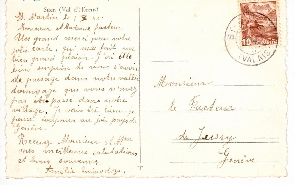 Cartoline postali: Suen 1940 - Val d`Hérens – Usato da Wolhusen venduto da Curver9 1