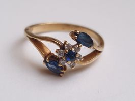 🌔 ⚜️18K Goldring 750 blaue & weisse Steine Gr.54 17mm