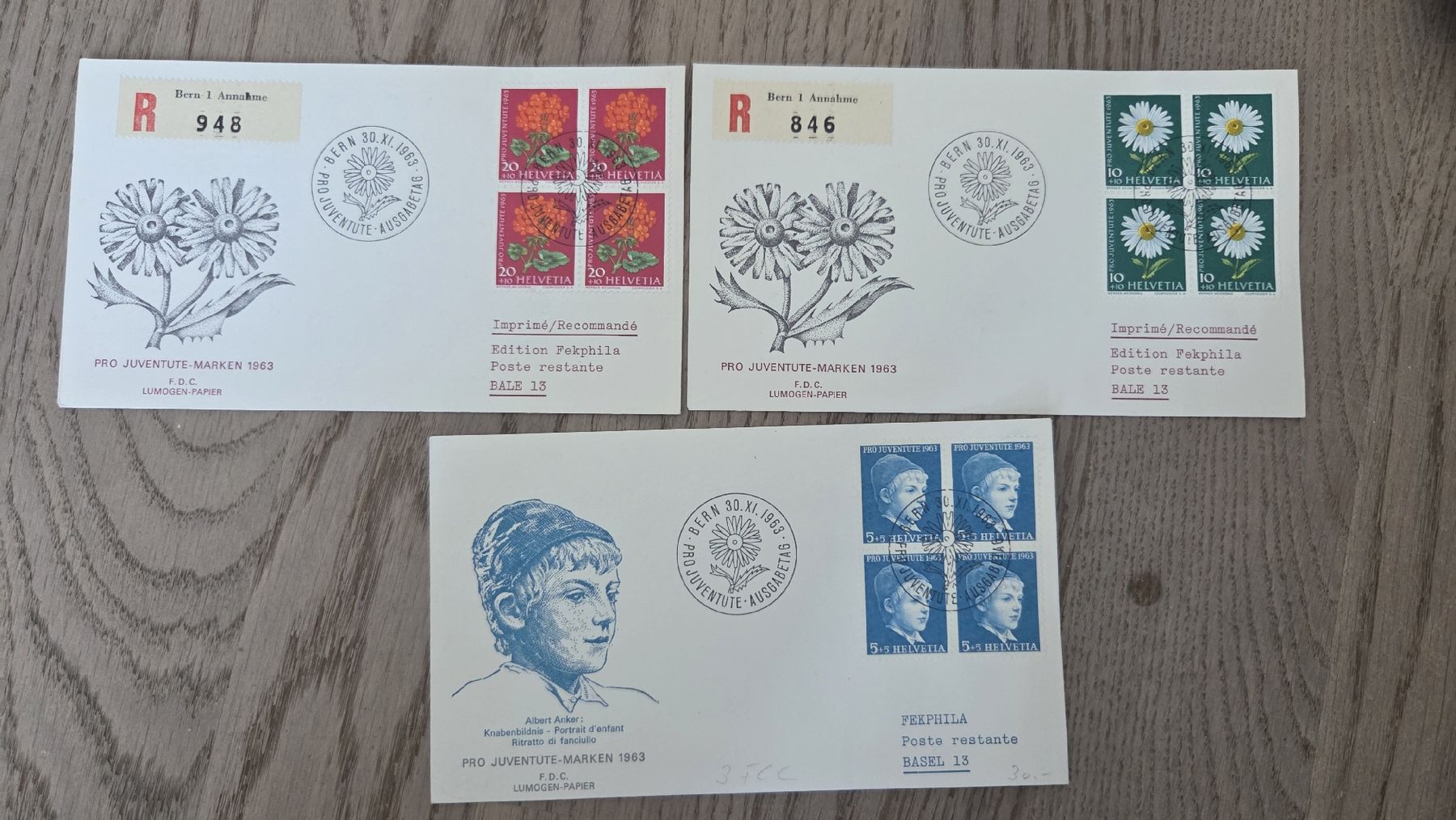Alle Briefmarken: 1963 Pro Juventute 3x 4er Block FDC Illustriert Lumogen-Papi – Gebraucht aus Arni AG von Moth68