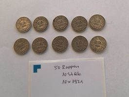 50 Rappen Silbermünzen Schweiz 1921, 10 Stück