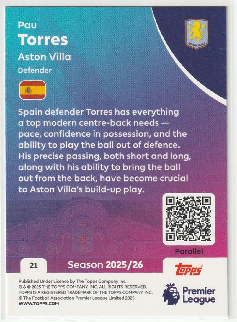 Topps Sammelbilder & Trading cards: 2026 Topps Premier League Pau Torres Base Blue Parallel – Neu (gemäss Beschreibung) aus Biel/Bienne von historian-198 1