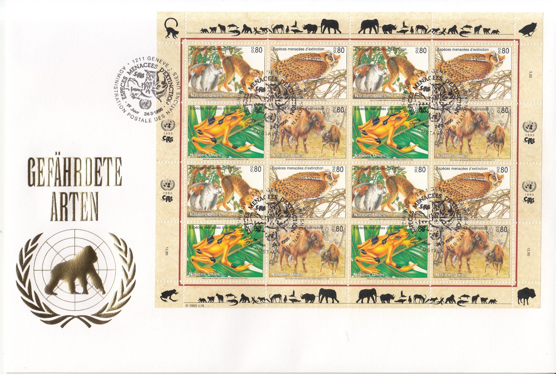 Tutti i francobolli: Gefährdete Arten, UNO 9 Grossbriefe 1993 - 1995 – Usato da Bürglen TG venduto da StampGraf 3