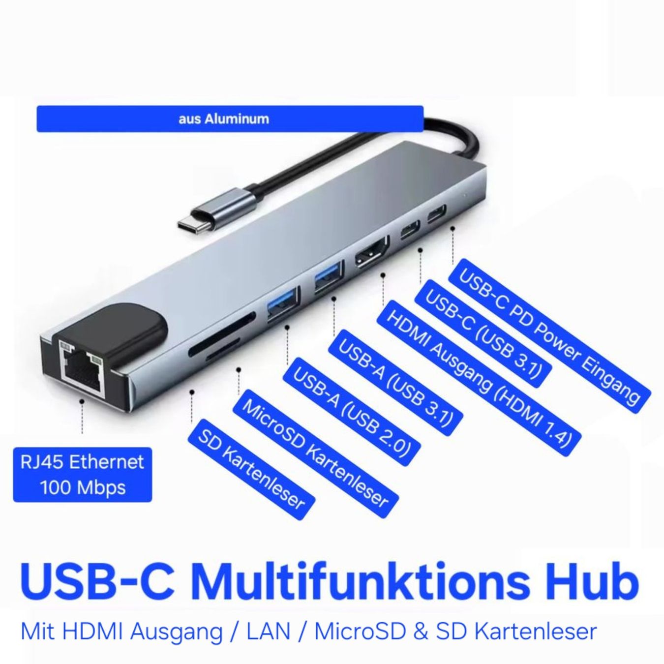 Hub & Switch: 8in1 Hub mit HDMI & LAN & Kartenleser / USB 3.1 / PD / USB-C – Nuovo e nell'imballaggio originale da Uster venduto da -FPS-
