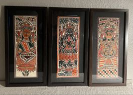 3 peintures Madhubani Inde divinités, encadrées