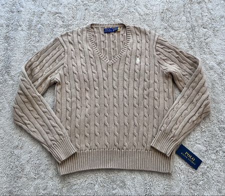 Ralph Lauren Zopfmusterpullover mit V-Ausschnitt Gr. XL (L)