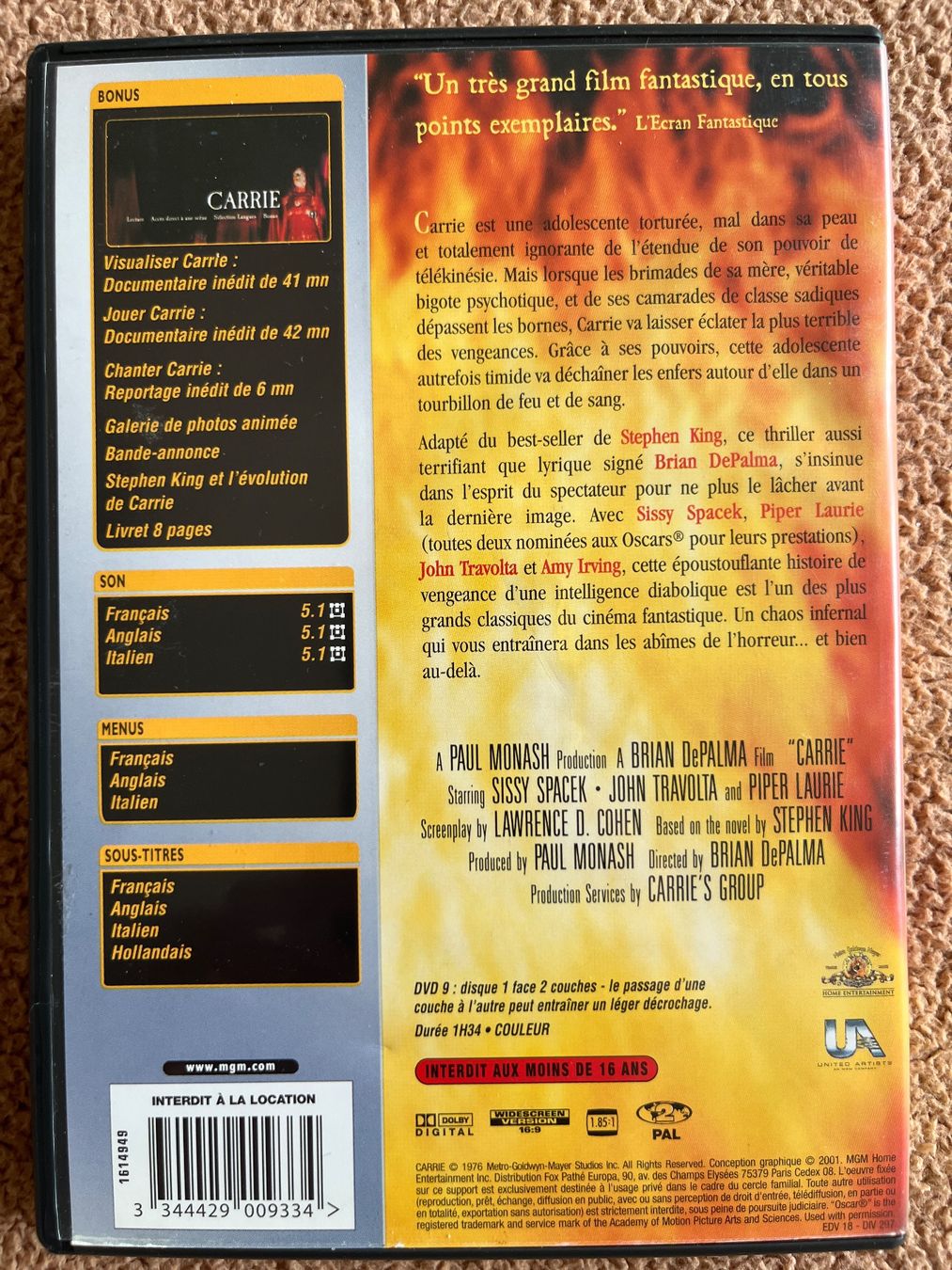 Tutti i DVDs: CARRIE - BRIAN DePALMA - SISSY SPACEK, JOHN TRAVOLTA – Usato da Lausanne venduto da sbar224 1