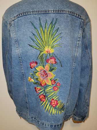 Jeansjacke bestickt floral mit Blumen Grösse XL