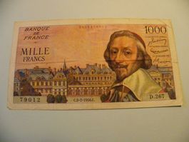 1000 France Francs Schein, 1956, Vintage Banknote Rarität!