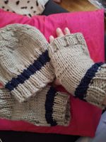 Alpacamützenset mit offenen Handschuhen handgestrickt 1 size