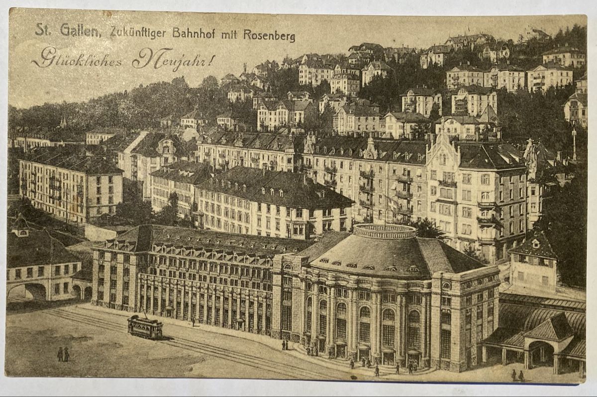 Ansichtskarten: Alte Ansichtskarte St. Gallen, Bahnhof mit Rosenberg, 1911 – Gebraucht aus Riehen von Tignanello1