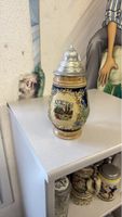 Antiker Bierkrug mit Zinndeckel, Motiv Bremen, Sammlerstück