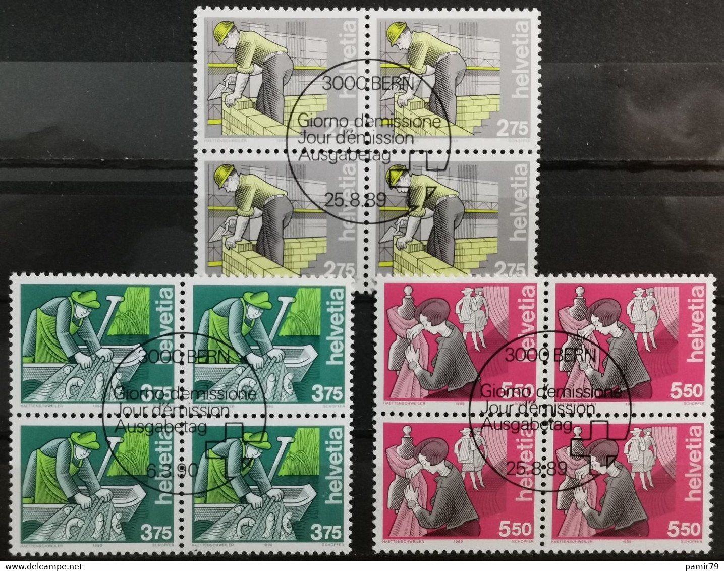 Tutti i francobolli: 1989/90 Mensch & Beruf ET-Viererblocks – Nuovo e nell'imballaggio originale da Dübendorf venduto da goeggi79