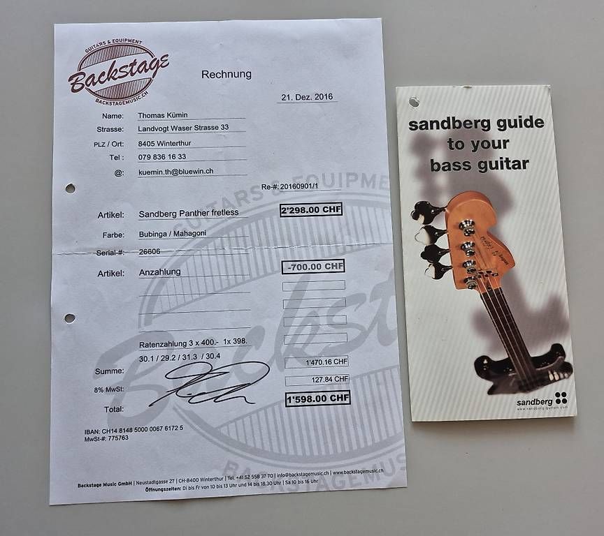 Strumenti musicali: Sandberg Panther Fretless – Usato da Seuzach venduto da Samakorn12 4