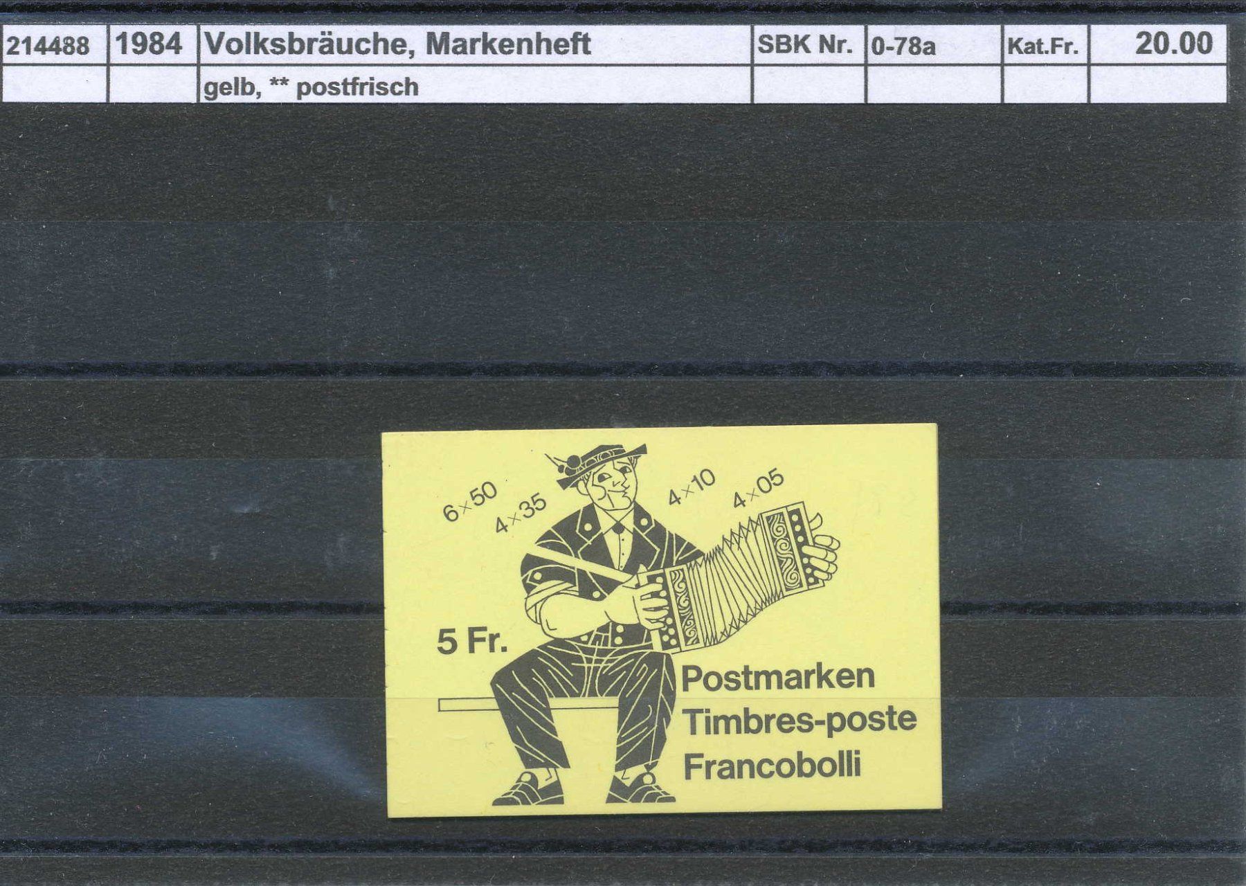 Tutti i francobolli: 1984 Volksbräuche, Markenheftchen "gelb", ** postfrisch – Nuovo (secondo la descrizione) da Winterthur venduto da Zupogeru