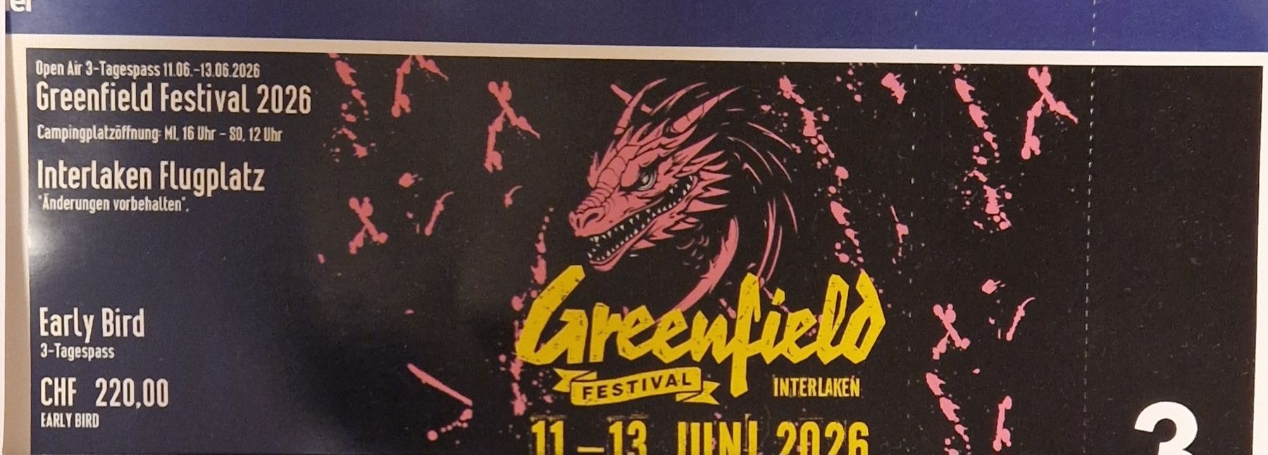 Biglietti: Greenfield 2026 3-Tagespass – Nuovo (secondo la descrizione) da Olten venduto da msgfk