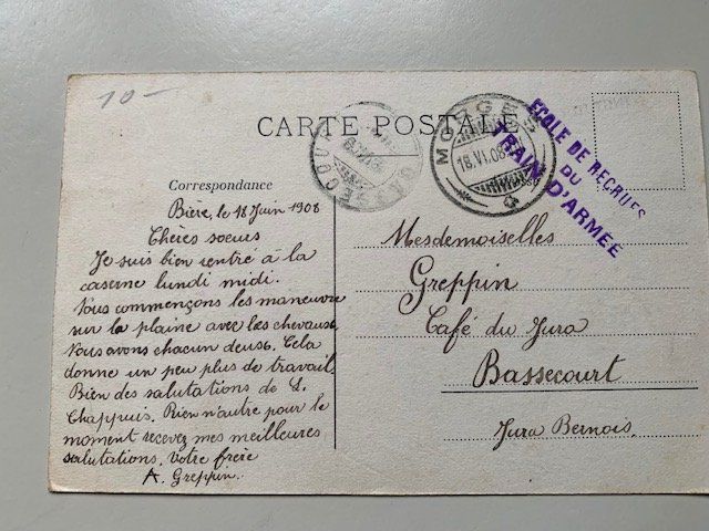Cartoline postali: 1 carte postale militaire Caserne de Bière 1908 – Usato da Delémont venduto da Trimbolo 1