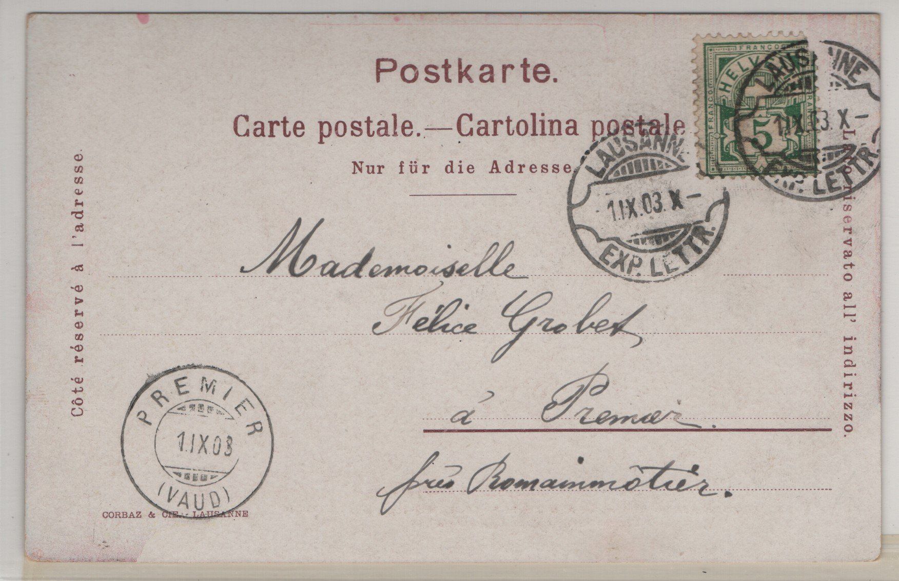 Cartoline postali: Ansichtskarte Lausanne mit Rasierklingen-Stempel 1.IX.03 – Usato da Gordola venduto da tist 1