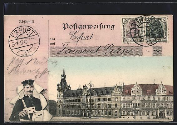 Cartoline postali: Erfurt, Kaiserliches Postamt, Postbote m – Usato da Berlin venduto da bartko-reher
