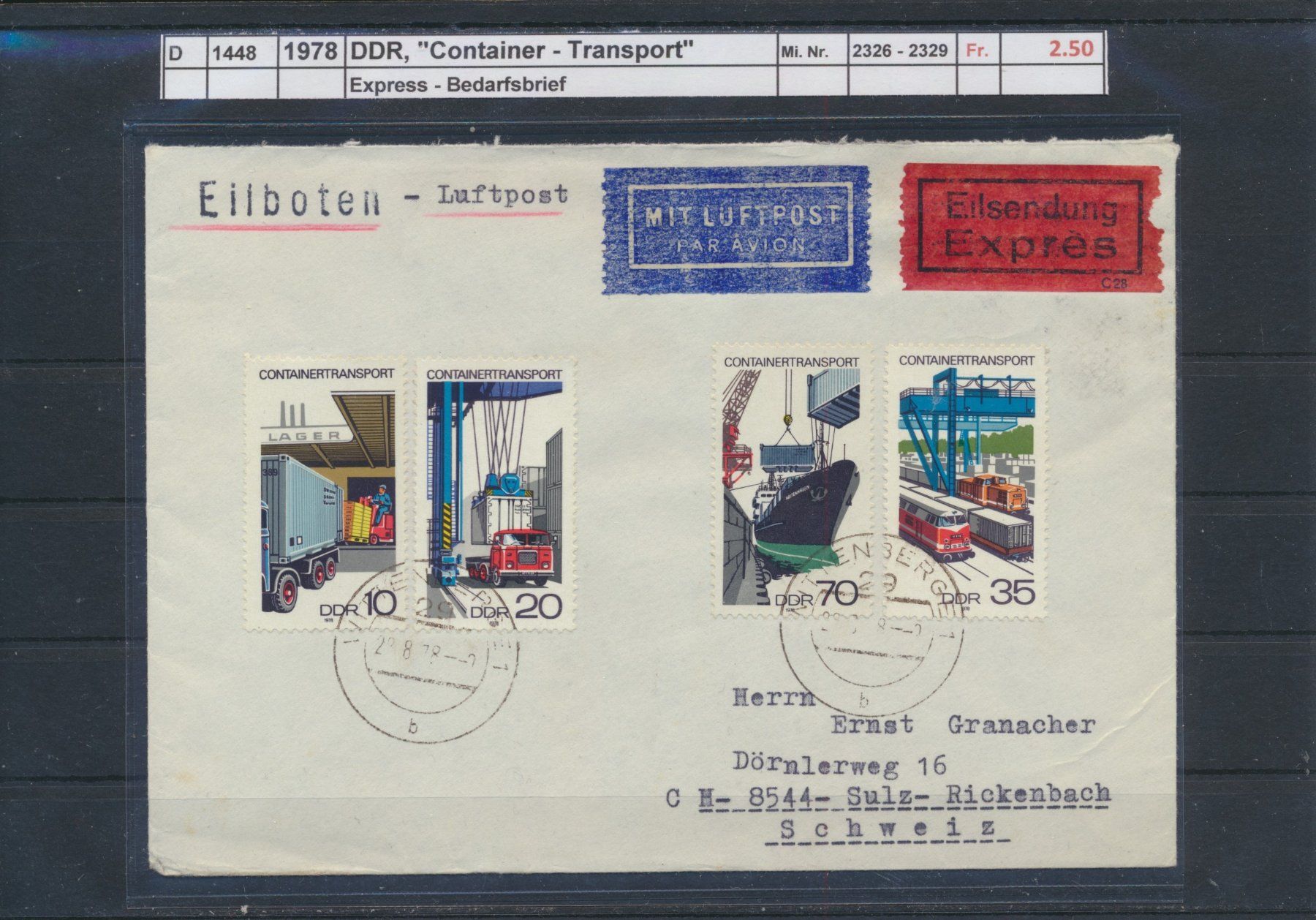 Tutti i francobolli: 1978 DDR, "Container - Transport", Express Brief – Usato da Winterthur venduto da Zupogeru