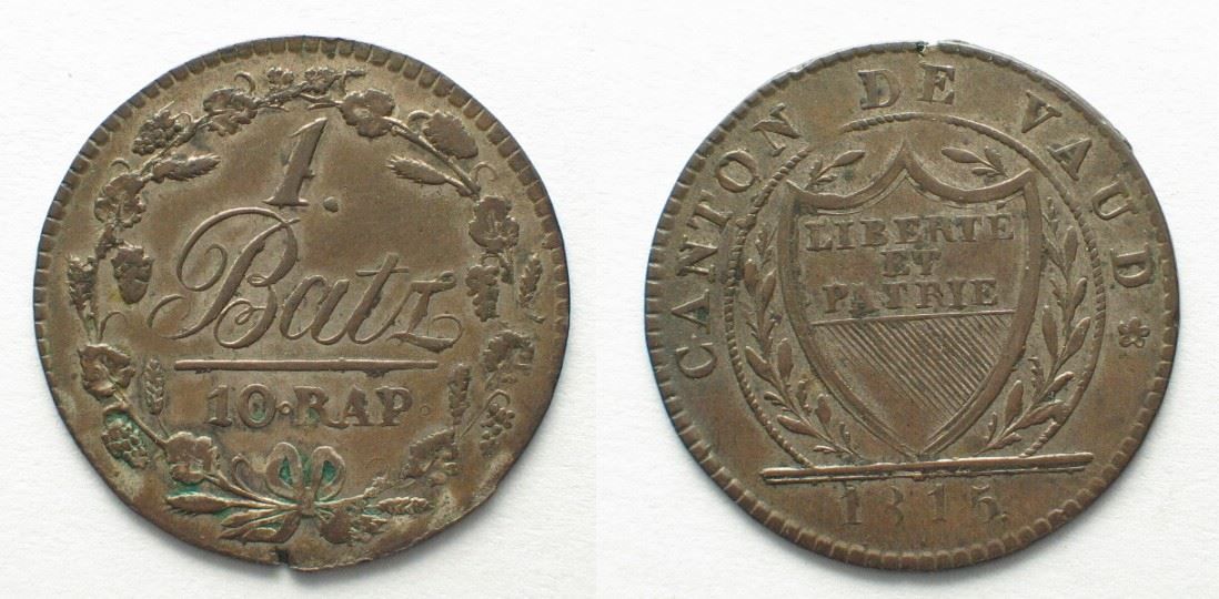 Alle Münzen: WAADT / VAUD  1 Batzen 1815 Billon vz – Gebraucht aus Riehen von sesambestcoins2004
