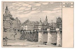 Basel, die alte Rheinbrücke, Künstlerkarte, gelaufen 1928