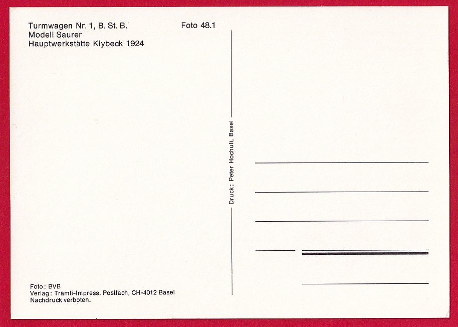 Cartoline postali: BASEL, TRAM, TURMWAGEN NR. 1 SAURER,  REPRO, SEMIMODERNE AK – Usato da Grüningen venduto da Kartenlaube 1