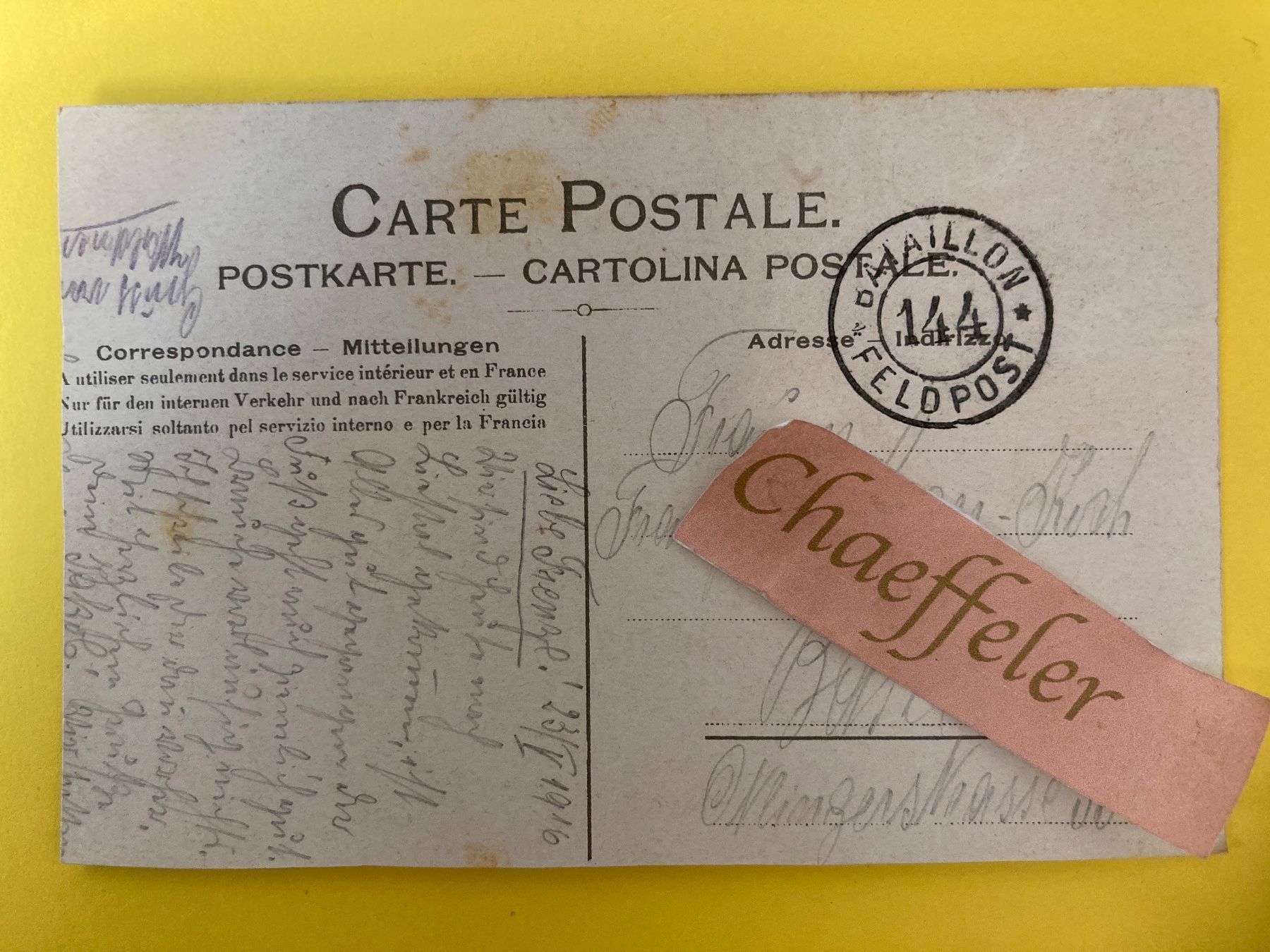 Cartoline postali: Postkarte 1916. Feldpost Bataillon 144 – Usato da Zürich venduto da Chaeffeler 1
